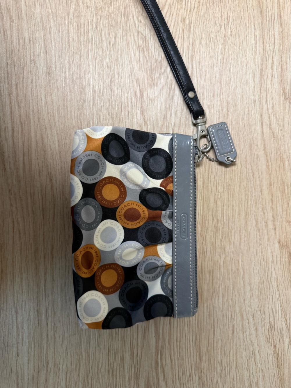 Coach Multi-Color Circular Print Wristlet with Gray Trim